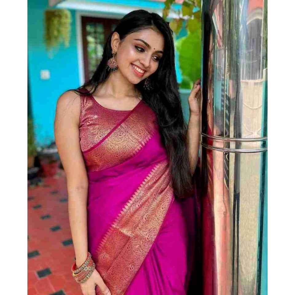 Generic Women's Soft Lichi Silk Solid Saree With Unstitched Blouse 5.5Mtr (Pink)