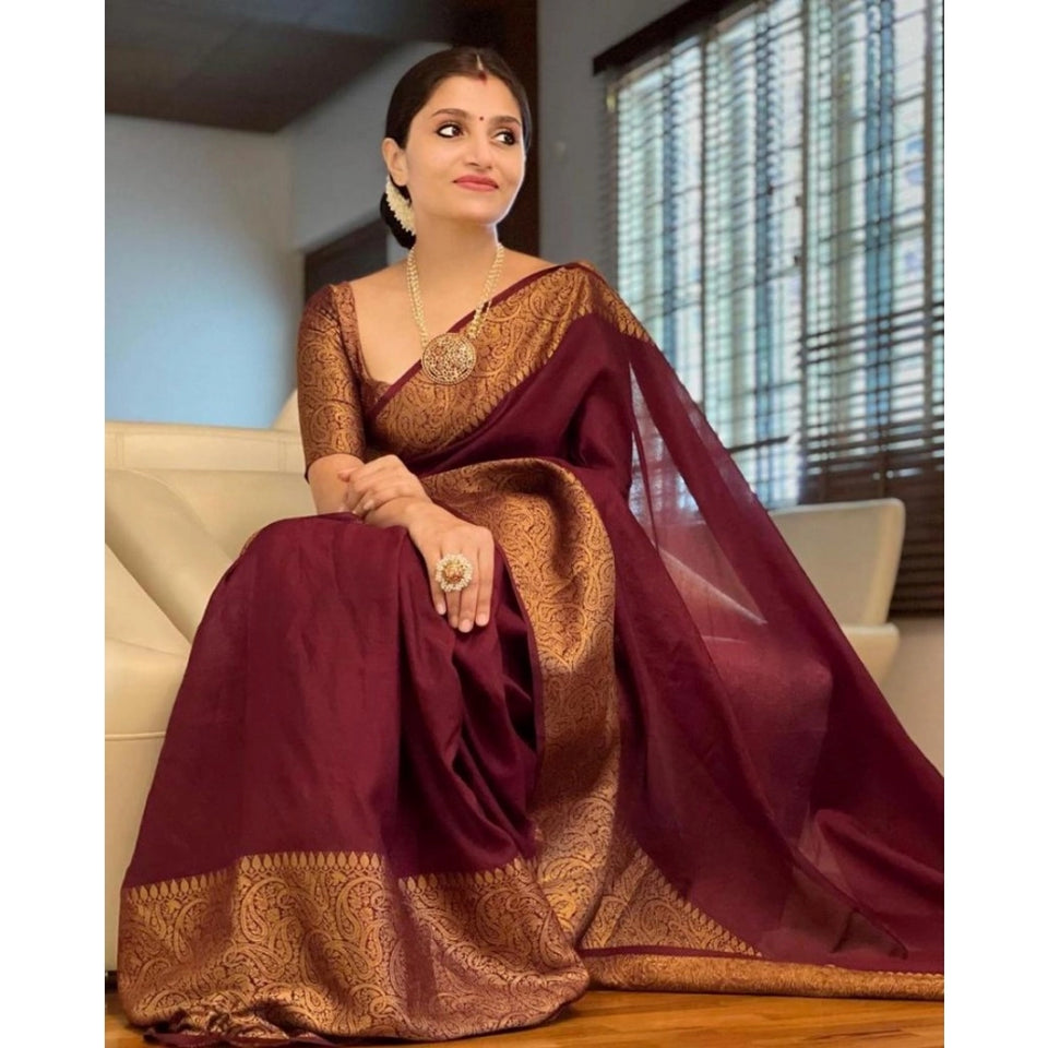 Generic Women's Soft Lichi Silk Solid Saree With Unstitched Blouse 5.5Mtr (Maroon)