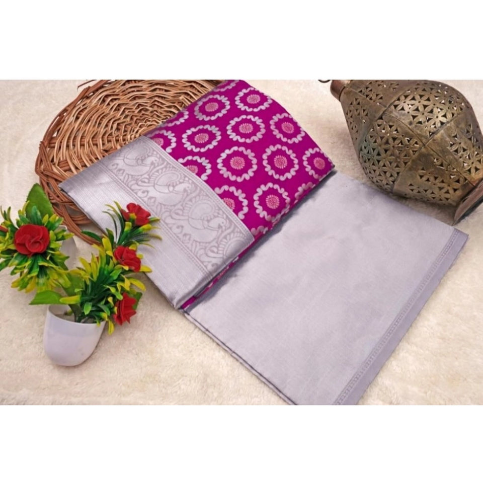 Generic Women's Soft Lichi Silk Printed Saree With Unstitched Blouse 5.5Mtr (Pink)