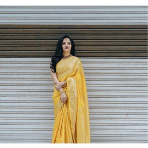 Generic Women's Soft Lichi Silk Printed Saree With Unstitched Blouse 5.5Mtr (Yellow)