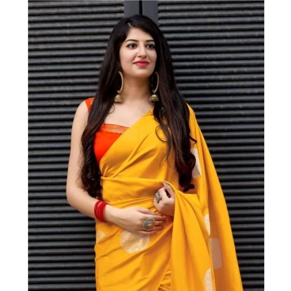 Generic Women's Soft Lichi Silk Printed Saree With Unstitched Blouse 5.5Mtr (Yellow)