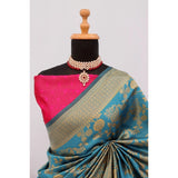Generic Women's Banarasi Printed Saree With Unstitched Blouse 5.5Mtr (Aqua Blue)
