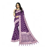 Generic Women's Satin Printed Saree With Unstitched Blouse 5.5Mtr (Purple)