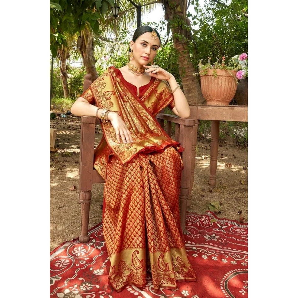 Generic Women's Silk Woven Kanjivaram Saree With Unstitched Blouse (5.5Mtr, Red)