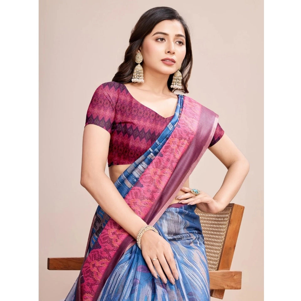 Generic Women's Georgette Embroidered  Saree With Unstitched Blouse (5.5Mtr, Blue)