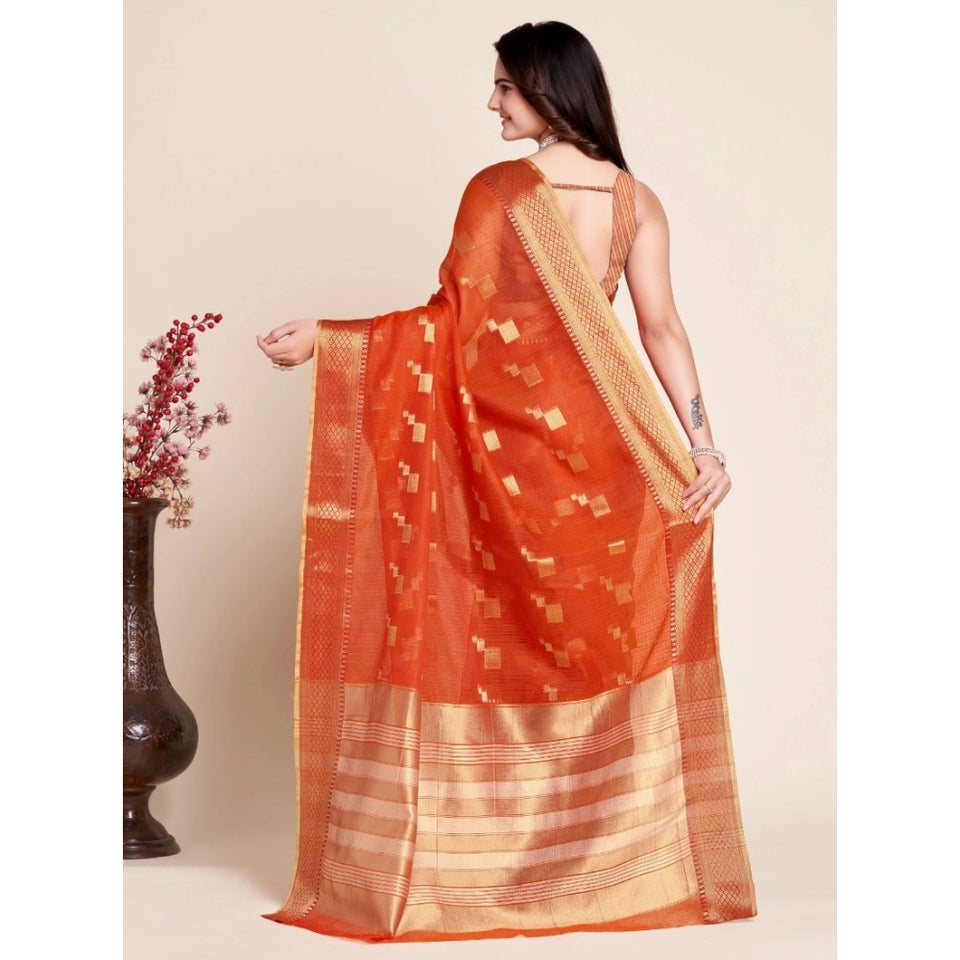 Generic Women's Silk Blend Printed Banarasi Saree With Unstitched Blouse (5.5Mtr, Red)