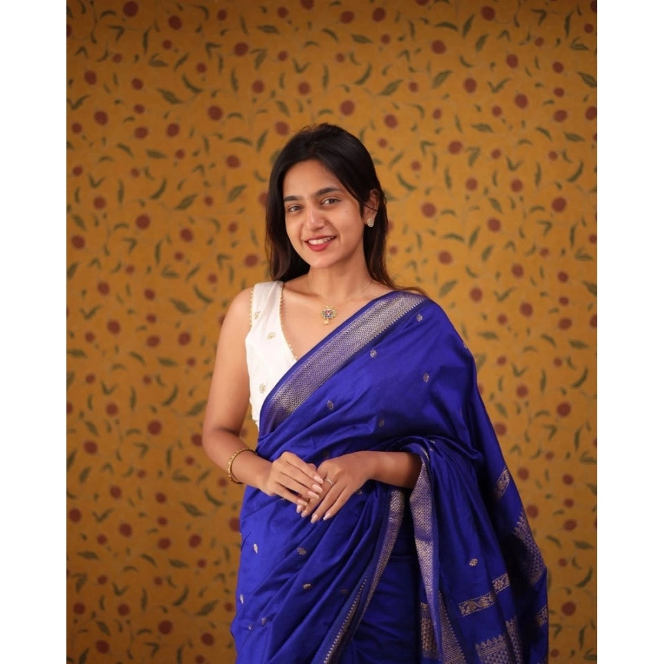 Generic Women's Silk Blend Self Design Bollywood Saree With Unstitched Blouse (5.5Mtr, Blue)