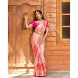 Generic Women's Silk Blend Self Design Banarasi Saree With Unstitched Blouse (5.5Mtr, Peach)