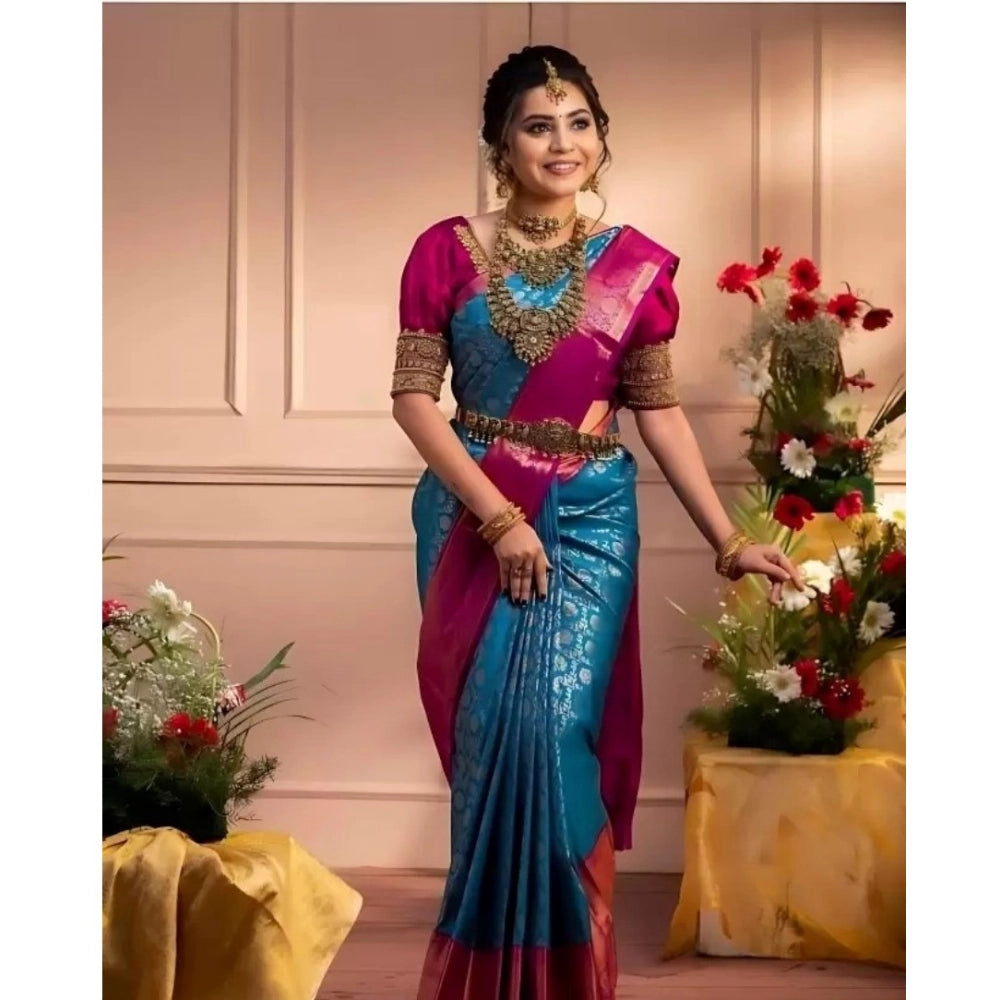 Generic Women's Silk Blend Self Design Banarasi Saree With Unstitched Blouse (5.5Mtr, Sky Blue)