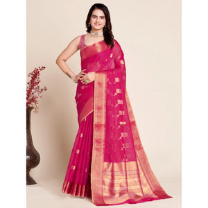 Generic Women's Silk Blend Printed Banarasi Saree With Unstitched Blouse (5.5Mtr, Pink)