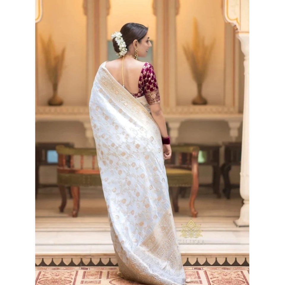 Generic Women's Silk Woven Kanjivaram Saree With Unstitched Blouse (5.5Mtr, White)