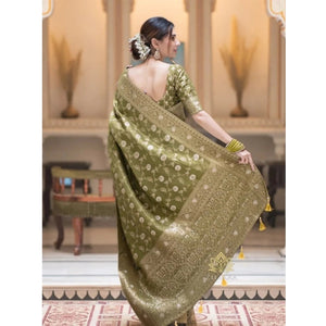 Generic Women's Silk Woven Kanjivaram Saree With Unstitched Blouse (5.5Mtr, Mehendi Green)