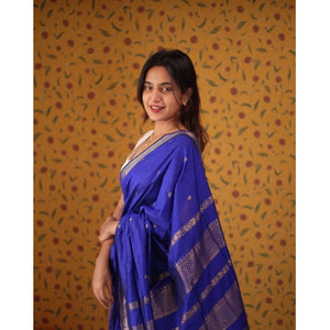 Generic Women's Silk Blend Self Design Bollywood Saree With Unstitched Blouse (5.5Mtr, Blue)