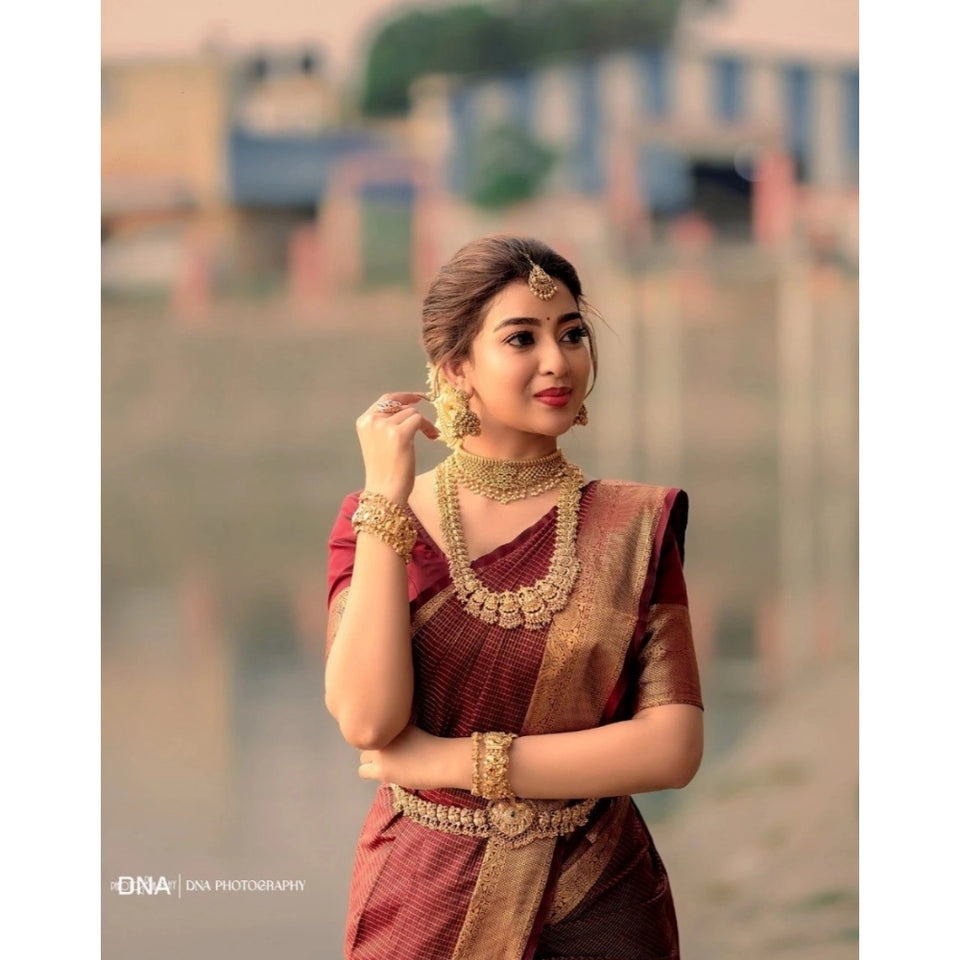 Generic Women's Silk Woven Kanjivaram Saree With Unstitched Blouse (5.5Mtr, Maroon)