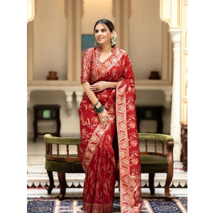 Generic Women's Pure Cotton Woven Arani Pattu Saree With Unstitched Blouse (5.5Mtr, Red)