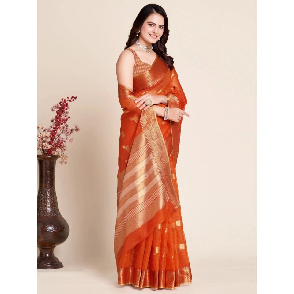 Generic Women's Silk Blend Printed Banarasi Saree With Unstitched Blouse (5.5Mtr, Red)