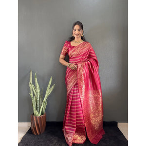 Generic Women's Silk Blend Woven Kanjivaram Saree With Unstitched Blouse (5.5Mtr, Pink)
