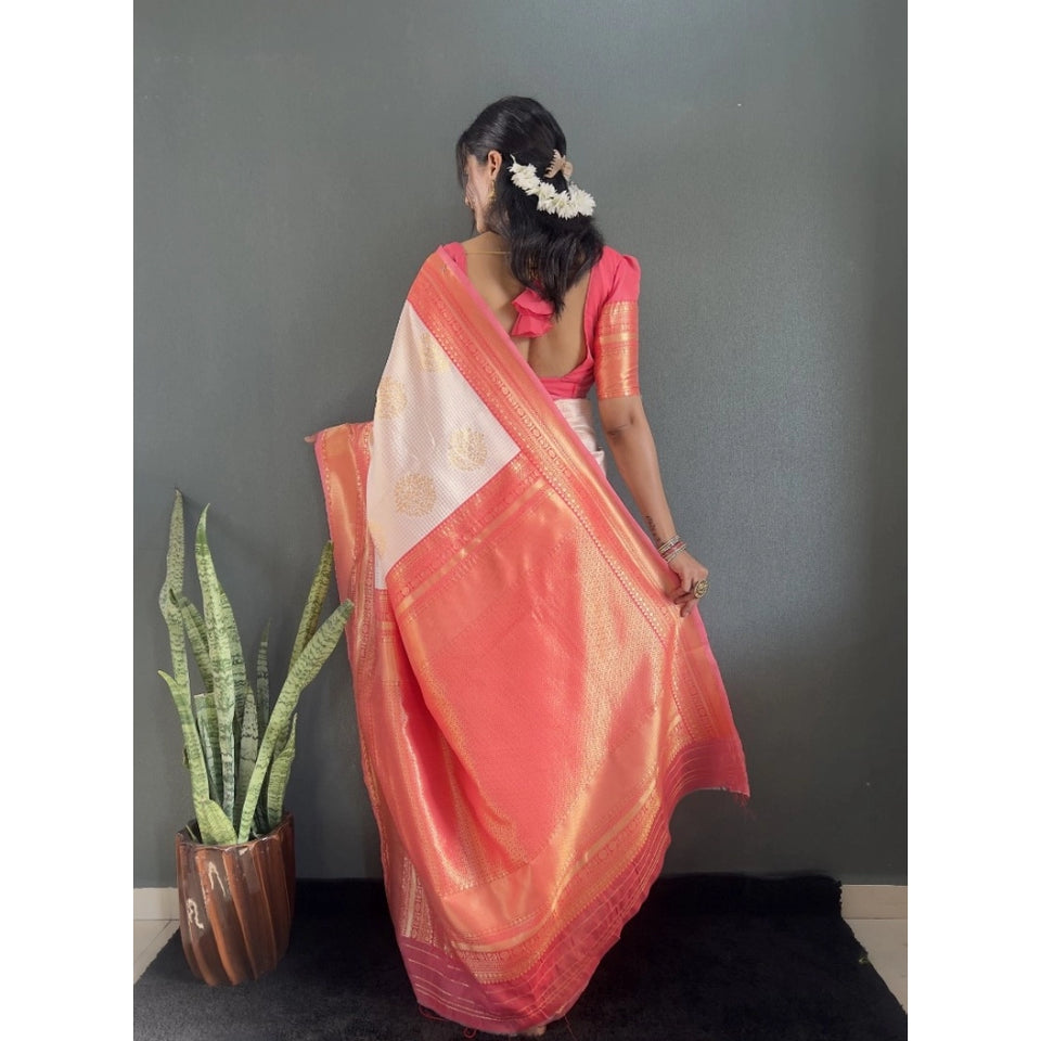 Generic Women's Silk Blend Woven Kanjivaram Saree With Unstitched Blouse (5.5Mtr, Peach)