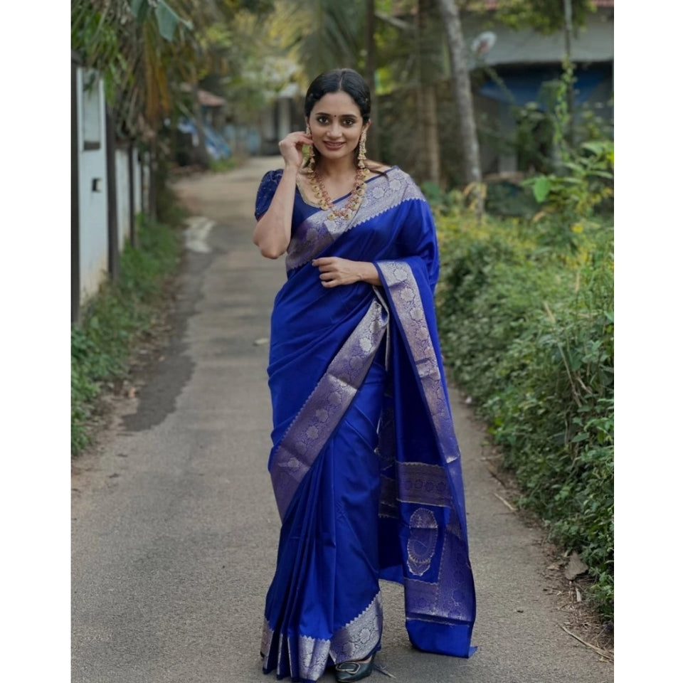 Generic Women's Silk Woven Kanjivaram Saree With Unstitched Blouse (5.5Mtr, Blue)