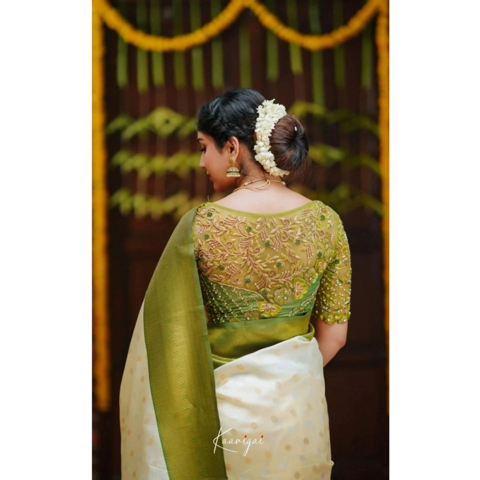 Generic Women's Silk Blend Self Design Banarasi Saree With Unstitched Blouse (5.5Mtr, White Green)