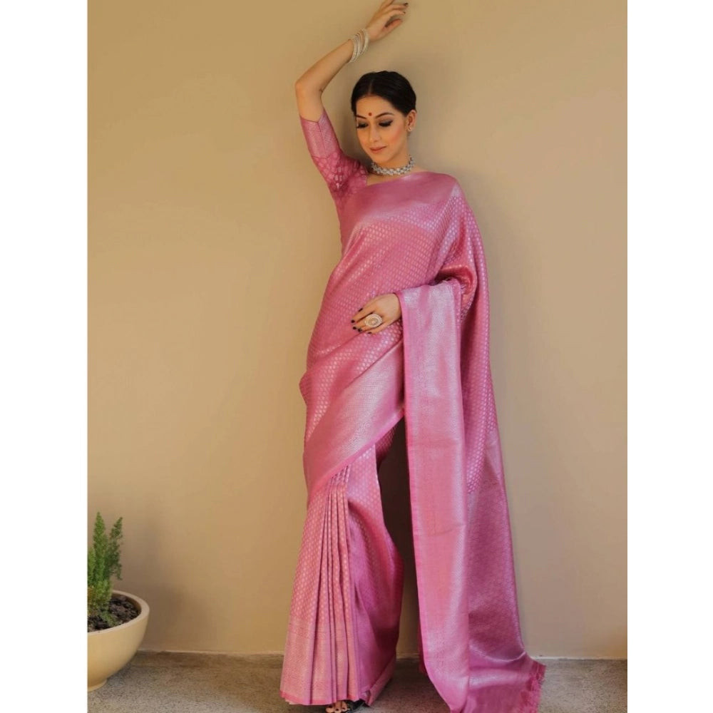 Generic Women's Silk Blend Woven Kanjivaram Saree With Unstitched Blouse (5.5Mtr, Pink)