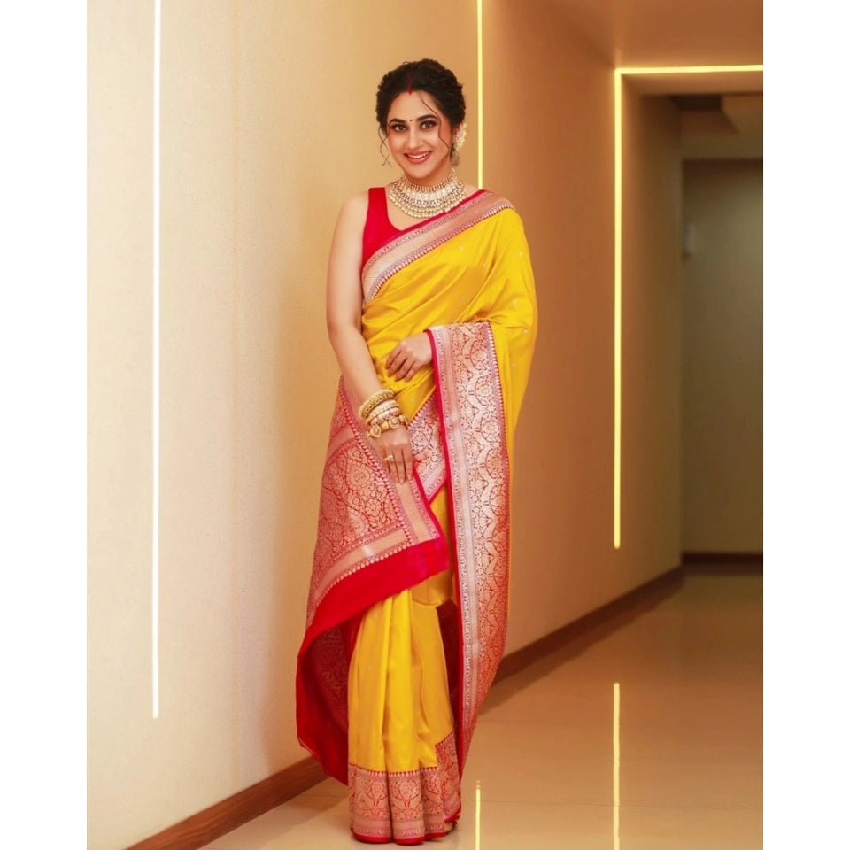 Generic Women's Silk Blend Self Design Banarasi Saree With Unstitched Blouse (5.5Mtr, Yellow Red)