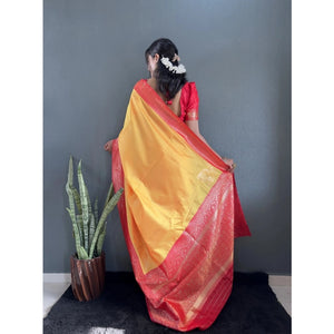 Generic Women's Silk Blend Woven Kanjivaram Saree With Unstitched Blouse (5.5Mtr, Yellow Red)