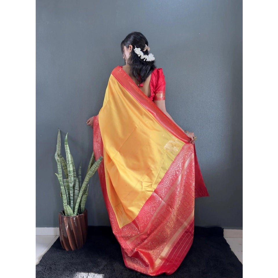 Generic Women's Silk Blend Woven Kanjivaram Saree With Unstitched Blouse (5.5Mtr, Yellow Red)