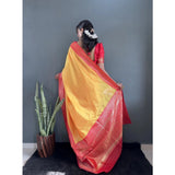 Generic Women's Silk Blend Woven Kanjivaram Saree With Unstitched Blouse (5.5Mtr, Yellow Red)