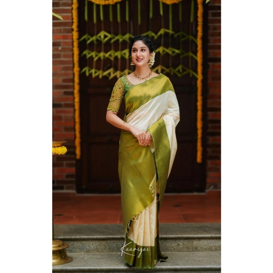 Generic Women's Silk Blend Self Design Banarasi Saree With Unstitched Blouse (5.5Mtr, White Green)
