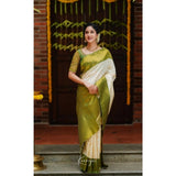 Generic Women's Silk Blend Self Design Banarasi Saree With Unstitched Blouse (5.5Mtr, White Green)