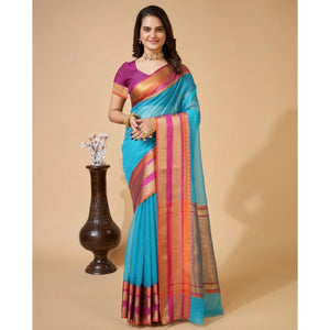 Generic Women's Cotton Blend Woven  Saree With Unstitched Blouse (5.5Mtr, Blue)