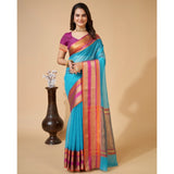Generic Women's Cotton Blend Woven  Saree With Unstitched Blouse (5.5Mtr, Blue)