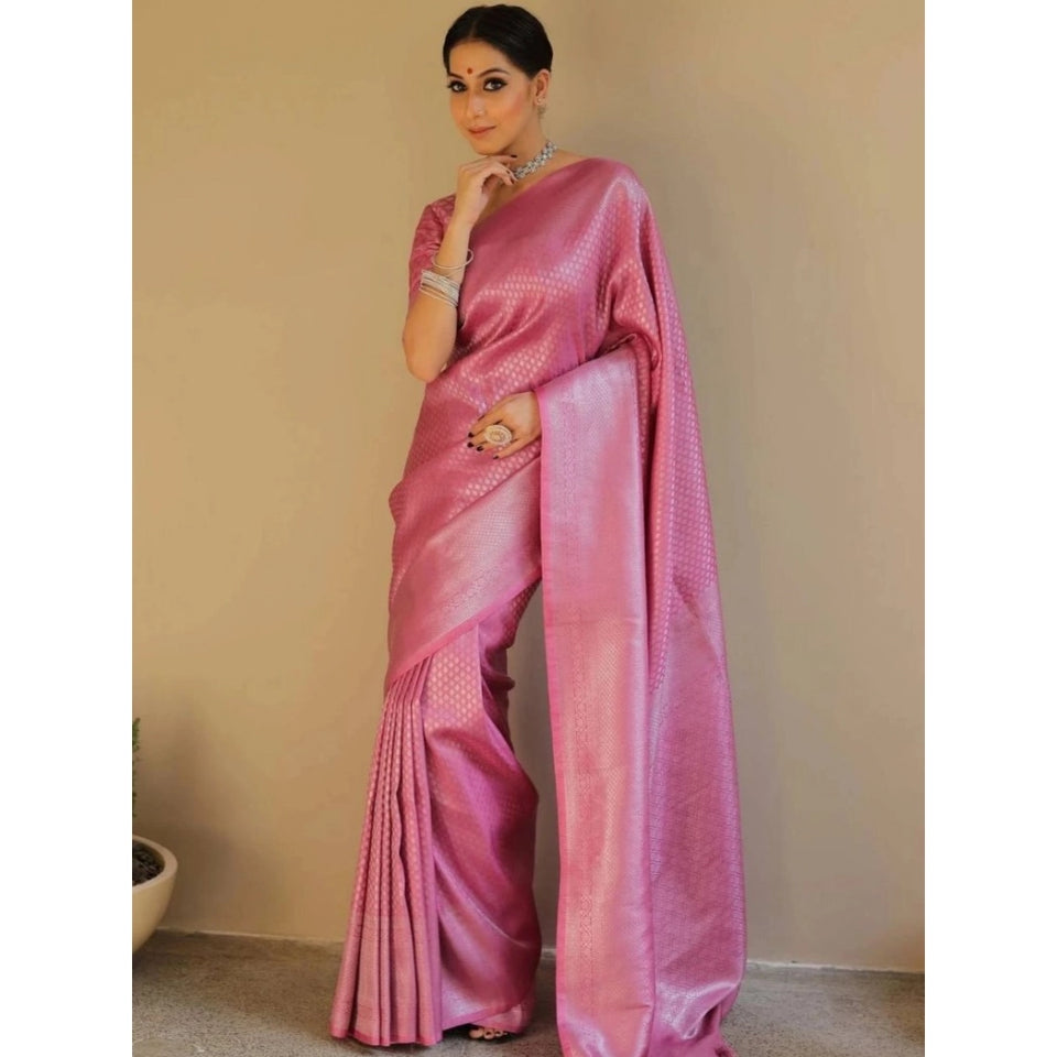 Generic Women's Silk Blend Woven Kanjivaram Saree With Unstitched Blouse (5.5Mtr, Pink)