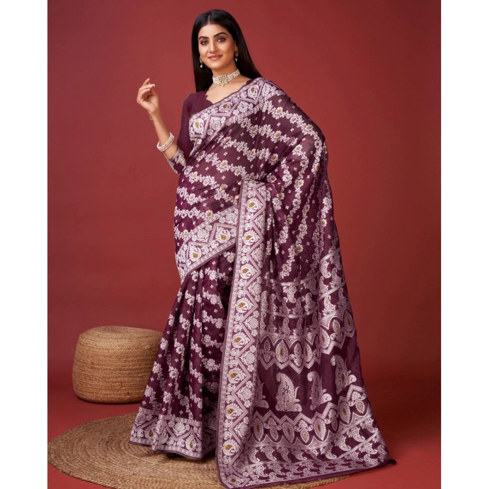 Generic Women's Cotton Silk Printed Saree With Unstitched Blouse 5.5Mtr (Purple)