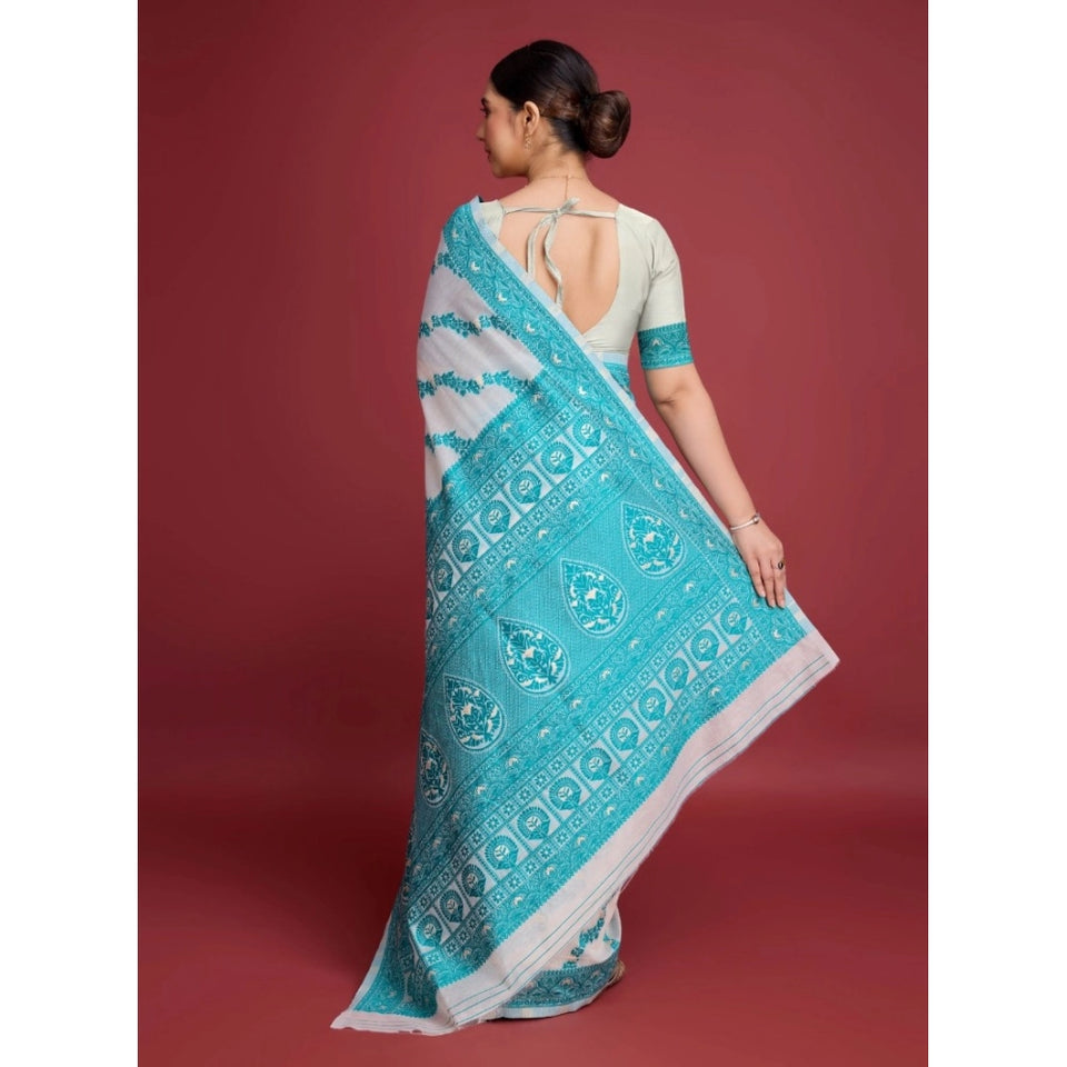 Generic Women's Jamdani Cotton Silk Printed Saree With Unstitched Blouse 5.5Mtr (Rama)