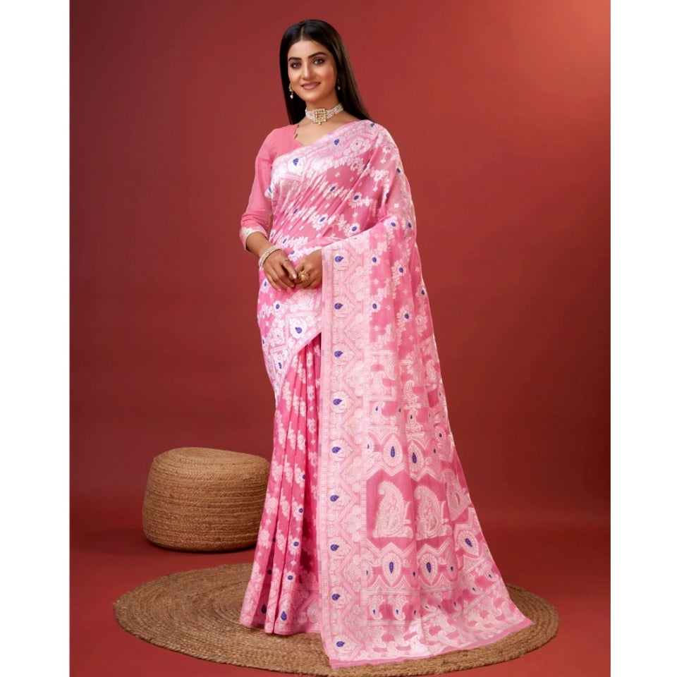 Generic Women's Cotton Silk Printed Saree With Unstitched Blouse 5.5Mtr (Pink)