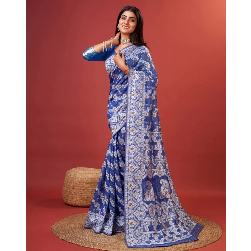 Generic Women's Cotton Silk Printed Saree With Unstitched Blouse 5.5Mtr (Blue)