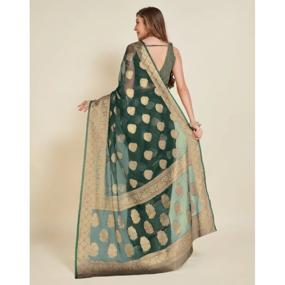 Generic Women's Soft Organza Silk Weaving Design Saree With Unstitched Blouse 5.5Mtr (Green)