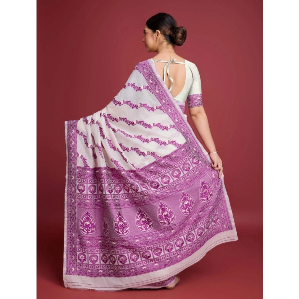 Generic Women's Jamdani Cotton Silk Printed Saree With Unstitched Blouse 5.5Mtr (Wine)