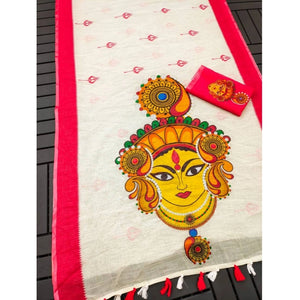 Generic Women's linen Digital Print Saree With Unstitched Blouse 5.5Mtr (White)