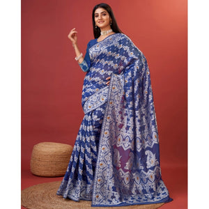 Generic Women's Cotton Silk Printed Saree With Unstitched Blouse 5.5Mtr (Blue)