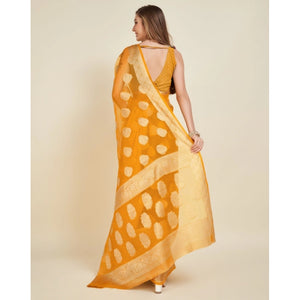 Generic Women's Soft Organza Silk Weaving Design Saree With Unstitched Blouse 5.5Mtr (Yellow)