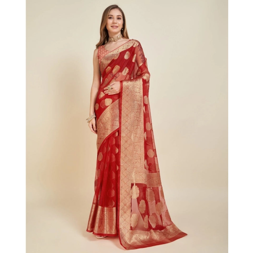 Generic Women's Soft Organza Silk Weaving Design Saree With Unstitched Blouse 5.5Mtr (Red)