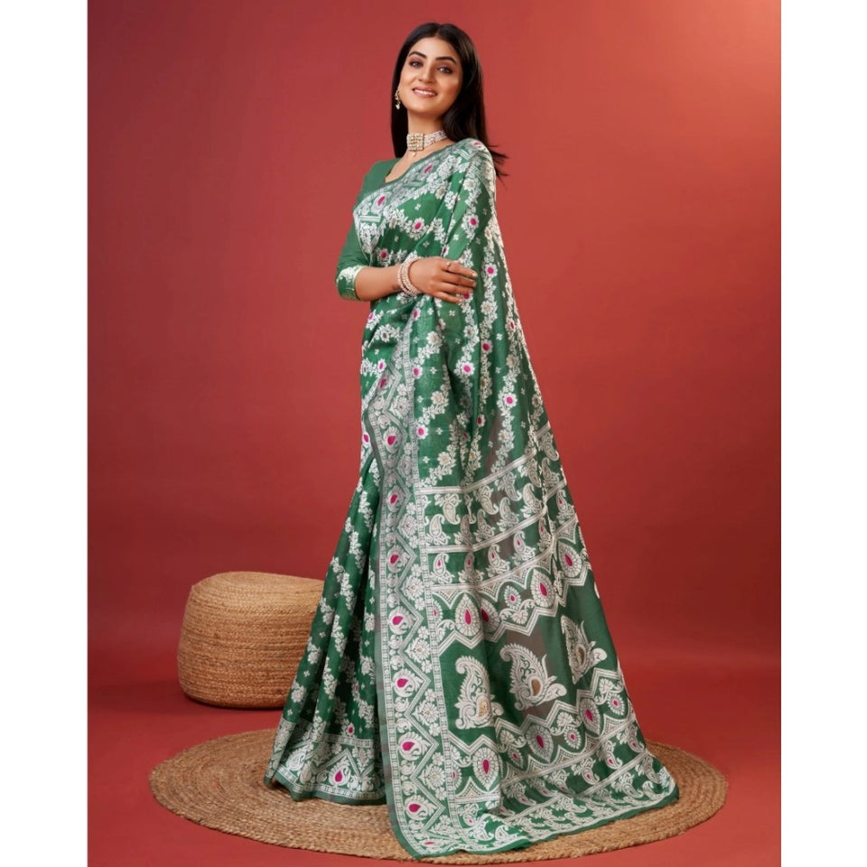 Generic Women's Cotton Silk Printed Saree With Unstitched Blouse 5.5Mtr (Green)