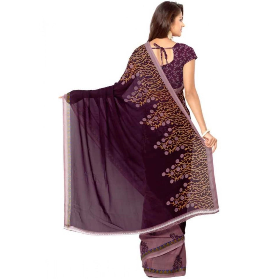 Generic Women's Faux Georgette Printed Saree With Unstitched Blouse 5.5Mtr (Wine)