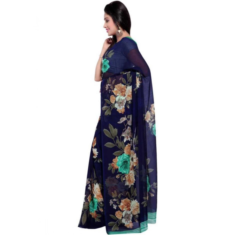 Generic Women's Faux Georgette Printed Saree With Unstitched Blouse 5.5Mtr (Blue)