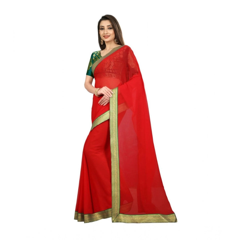 Generic Women's Chiifon Saree Printed Saree With Unstitched Blouse 5.5Mtr (Red)