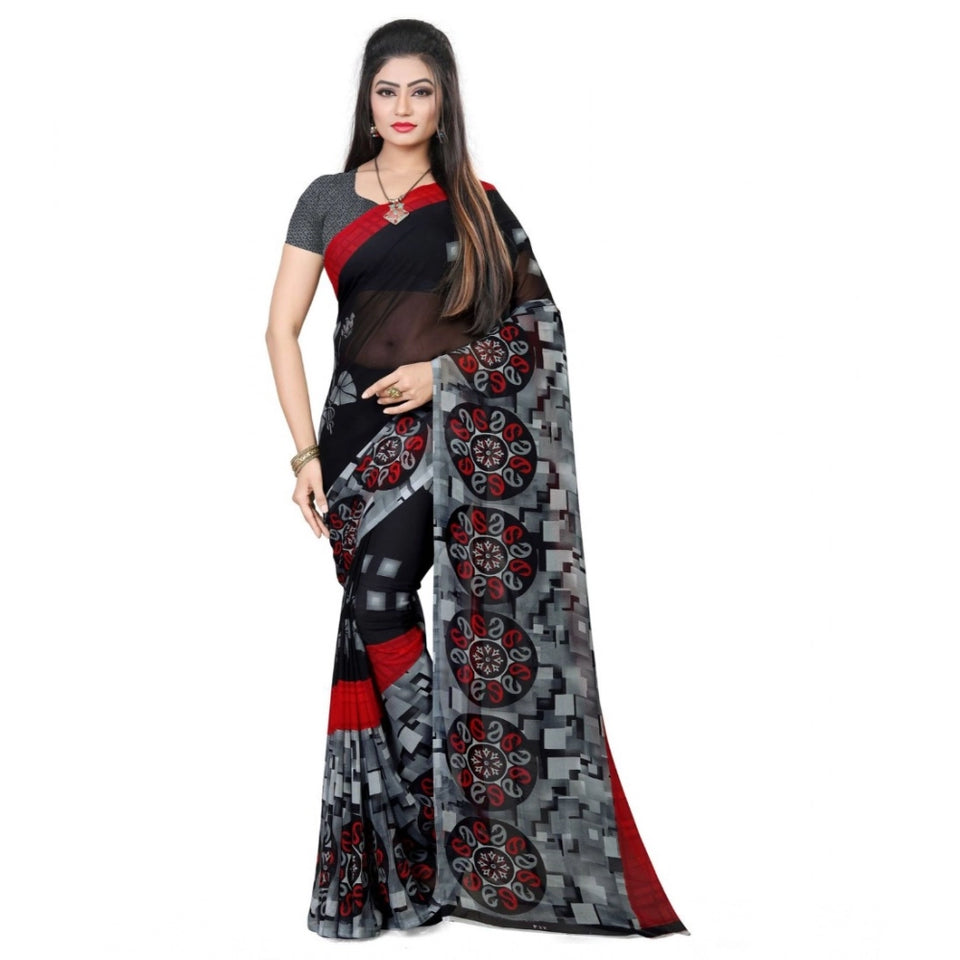 Generic Women's Georgette Printed Saree With Unstitched Blouse 5.5Mtr (Black)