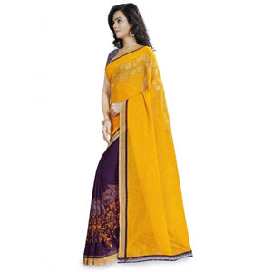 Generic Women's Faux Georgette Printed Saree With Unstitched Blouse 5.5Mtr (Yellow)